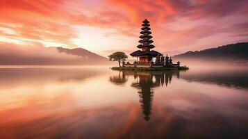 Ancient pura ulun danu bratan, besakih or famous hindu temple and tourist in bali island at sunrise concept by AI Generated photo