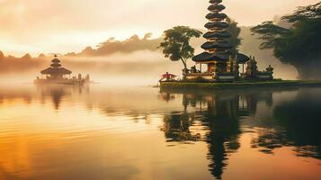 Ancient pura ulun danu bratan, besakih or famous hindu temple and tourist in bali island at sunrise concept by AI Generated photo