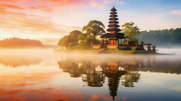 Ancient pura ulun danu bratan, besakih or famous hindu temple and tourist in bali island at sunrise concept by AI Generated photo