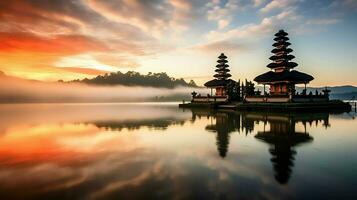 Ancient pura ulun danu bratan, besakih or famous hindu temple and tourist in bali island at sunrise concept by AI Generated photo