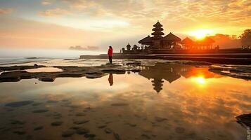 Ancient pura ulun danu bratan, besakih or famous hindu temple and tourist in bali island at sunrise concept by AI Generated photo