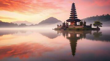 Ancient pura ulun danu bratan, besakih or famous hindu temple and tourist in bali island at sunrise concept by AI Generated photo