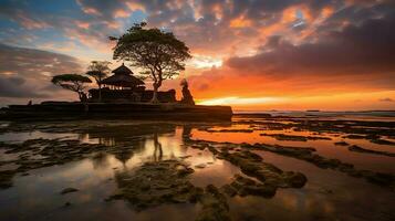 Ancient pura ulun danu bratan, besakih or famous hindu temple and tourist in bali island at sunrise concept by AI Generated photo