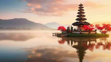 Ancient pura ulun danu bratan, besakih or famous hindu temple and tourist in bali island at sunrise concept by AI Generated photo