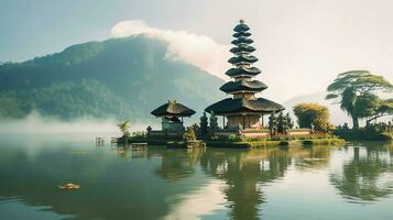 Ancient pura ulun danu bratan, besakih or famous hindu temple and tourist in bali island at sunrise concept by AI Generated photo