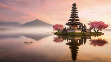 Ancient pura ulun danu bratan, besakih or famous hindu temple and tourist in bali island at sunrise concept by AI Generated photo