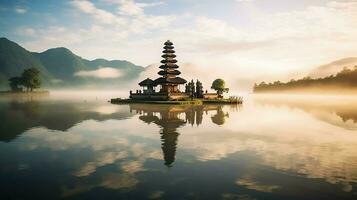 Ancient pura ulun danu bratan, besakih or famous hindu temple and tourist in bali island at sunrise concept by AI Generated photo