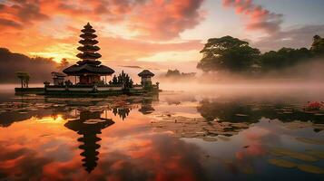 Ancient pura ulun danu bratan, besakih or famous hindu temple and tourist in bali island at sunrise concept by AI Generated photo