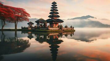 antiguo pura ulun danu bratán, besakih o famoso hindú templo y turista en bali isla a amanecer concepto por ai generado foto