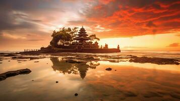 Ancient pura ulun danu bratan, besakih or famous hindu temple and tourist in bali island at sunrise concept by AI Generated photo