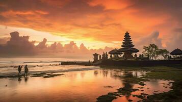 Ancient pura ulun danu bratan, besakih or famous hindu temple and tourist in bali island at sunrise concept by AI Generated photo
