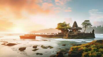 Ancient pura ulun danu bratan, besakih or famous hindu temple and tourist in bali island at sunrise concept by AI Generated photo
