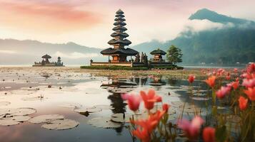 Ancient pura ulun danu bratan, besakih or famous hindu temple and tourist in bali island at sunrise concept by AI Generated photo