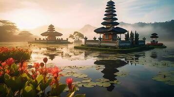 Ancient pura ulun danu bratan, besakih or famous hindu temple and tourist in bali island at sunrise concept by AI Generated photo