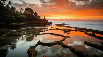 Ancient pura ulun danu bratan, besakih or famous hindu temple and tourist in bali island at sunrise concept by AI Generated photo