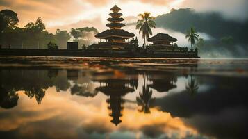 Ancient pura ulun danu bratan, besakih or famous hindu temple and tourist in bali island at sunrise concept by AI Generated photo