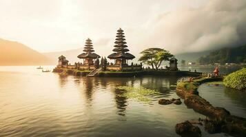 Ancient pura ulun danu bratan, besakih or famous hindu temple and tourist in bali island at sunrise concept by AI Generated photo