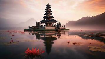 Ancient pura ulun danu bratan, besakih or famous hindu temple and tourist in bali island at sunrise concept by AI Generated photo