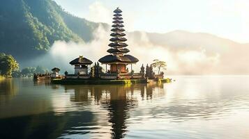 Ancient pura ulun danu bratan, besakih or famous hindu temple and tourist in bali island at sunrise concept by AI Generated photo