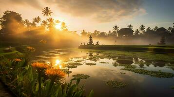 Ancient pura ulun danu bratan, besakih or famous hindu temple and tourist in bali island at sunrise concept by AI Generated photo