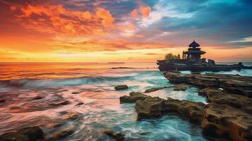 Ancient pura ulun danu bratan, besakih or famous hindu temple and tourist in bali island at sunrise concept by AI Generated photo