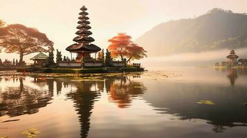 Ancient pura ulun danu bratan, besakih or famous hindu temple and tourist in bali island at sunrise concept by AI Generated photo