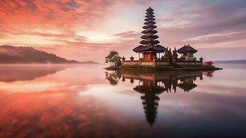 Ancient pura ulun danu bratan, besakih or famous hindu temple and tourist in bali island at sunrise concept by AI Generated photo