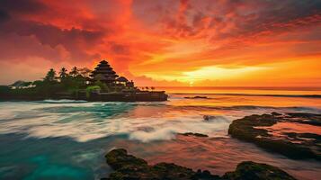 Ancient pura ulun danu bratan, besakih or famous hindu temple and tourist in bali island at sunrise concept by AI Generated photo