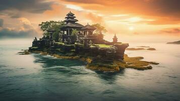 Ancient pura ulun danu bratan, besakih or famous hindu temple and tourist in bali island at sunrise concept by AI Generated photo