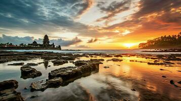 Ancient pura ulun danu bratan, besakih or famous hindu temple and tourist in bali island at sunrise concept by AI Generated photo