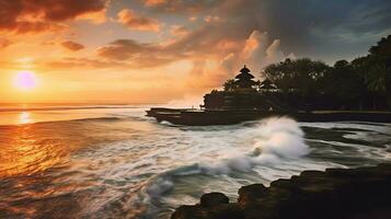 Ancient pura ulun danu bratan, besakih or famous hindu temple and tourist in bali island at sunrise concept by AI Generated photo