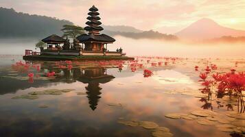 Ancient pura ulun danu bratan, besakih or famous hindu temple and tourist in bali island at sunrise concept by AI Generated photo