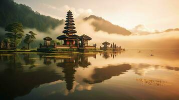 Ancient pura ulun danu bratan, besakih or famous hindu temple and tourist in bali island at sunrise concept by AI Generated photo