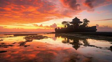 Ancient pura ulun danu bratan, besakih or famous hindu temple and tourist in bali island at sunrise concept by AI Generated photo