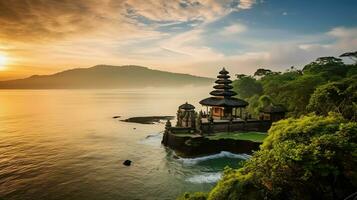 Ancient pura ulun danu bratan, besakih or famous hindu temple and tourist in bali island at sunrise concept by AI Generated photo