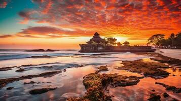 Ancient pura ulun danu bratan, besakih or famous hindu temple and tourist in bali island at sunrise concept by AI Generated photo