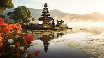 Ancient pura ulun danu bratan, besakih or famous hindu temple and tourist in bali island at sunrise concept by AI Generated photo