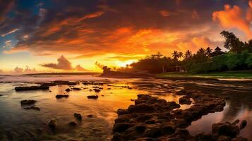Ancient pura ulun danu bratan, besakih or famous hindu temple and tourist in bali island at sunrise concept by AI Generated photo