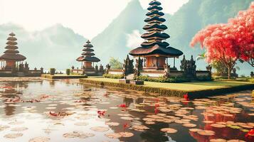 Ancient pura ulun danu bratan, besakih or famous hindu temple and tourist in bali island at sunrise concept by AI Generated photo