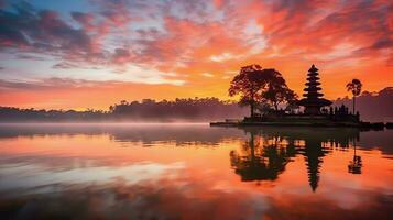 Ancient pura ulun danu bratan, besakih or famous hindu temple and tourist in bali island at sunrise concept by AI Generated photo