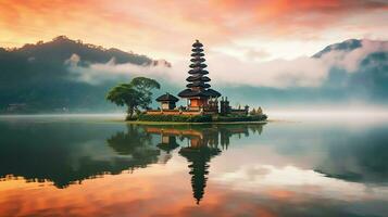 Ancient pura ulun danu bratan, besakih or famous hindu temple and tourist in bali island at sunrise concept by AI Generated photo