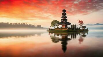 Ancient pura ulun danu bratan, besakih or famous hindu temple and tourist in bali island at sunrise concept by AI Generated photo