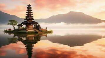 Ancient pura ulun danu bratan, besakih or famous hindu temple and tourist in bali island at sunrise concept by AI Generated photo