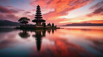 Ancient pura ulun danu bratan, besakih or famous hindu temple and tourist in bali island at sunrise concept by AI Generated photo