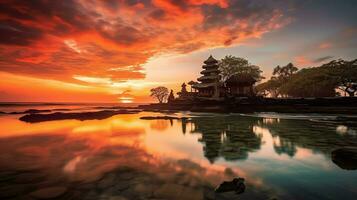 Ancient pura ulun danu bratan, besakih or famous hindu temple and tourist in bali island at sunrise concept by AI Generated photo