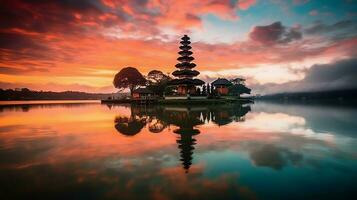 Ancient pura ulun danu bratan, besakih or famous hindu temple and tourist in bali island at sunrise concept by AI Generated photo