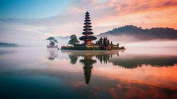 Ancient pura ulun danu bratan, besakih or famous hindu temple and tourist in bali island at sunrise concept by AI Generated photo