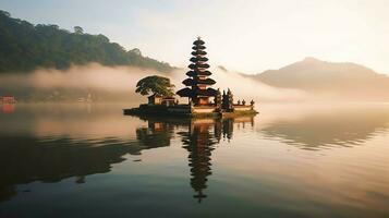 Ancient pura ulun danu bratan, besakih or famous hindu temple and tourist in bali island at sunrise concept by AI Generated photo