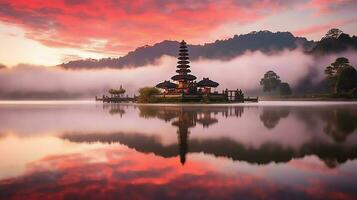 Ancient pura ulun danu bratan, besakih or famous hindu temple and tourist in bali island at sunrise concept by AI Generated photo