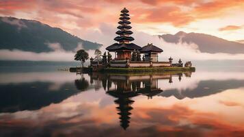 Ancient pura ulun danu bratan, besakih or famous hindu temple and tourist in bali island at sunrise concept by AI Generated photo